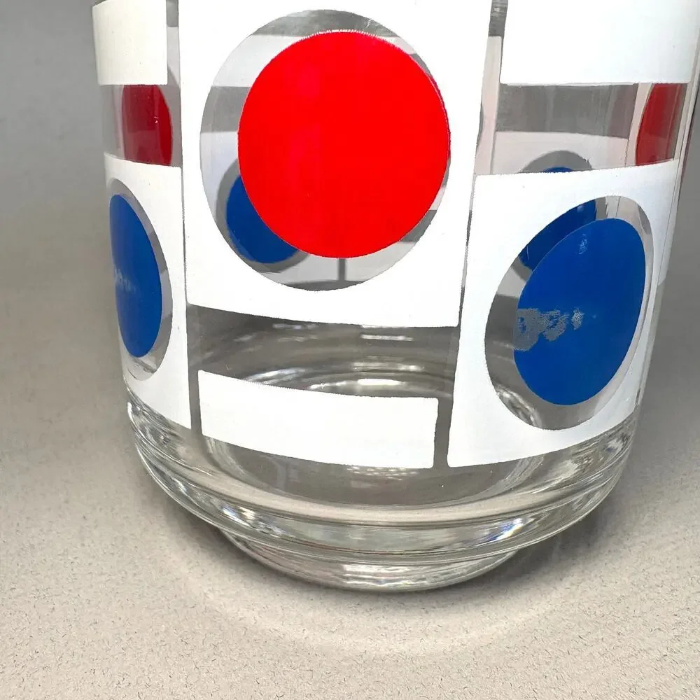 Set of 8 Vintage MCM Libbey Patriotic Red White Blue Dot Pattern Low Ball READ